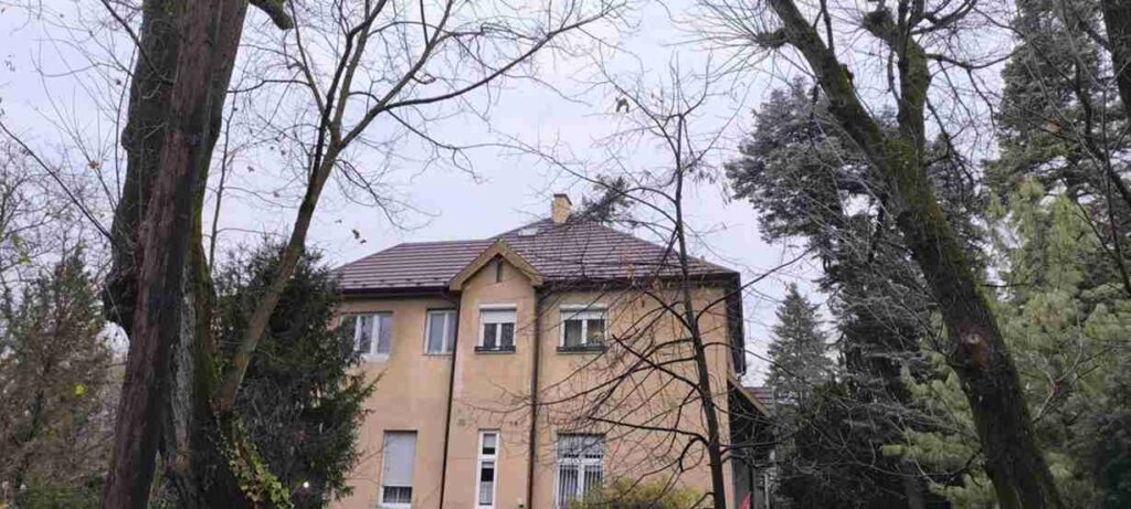 Kétszintes nagyméretű családi ház frissen elkészült cseréptetője – professzionális tetőfedési munka és ácsmunkák kertes környezetben